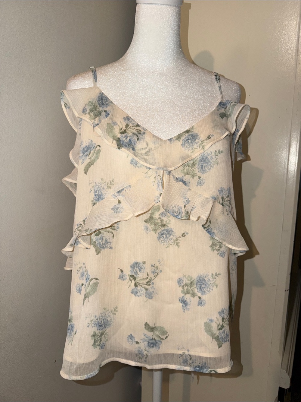 LOFT Cream Floral Ruffle Sleeveless Blouse with Blue & Green Prints
